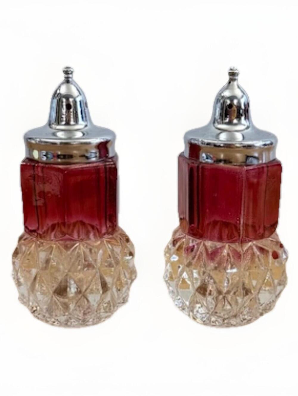 Vintage Collectible Glass Ruby Red Salt & Pepper Shakers Hongkong  3.75"T  1970s